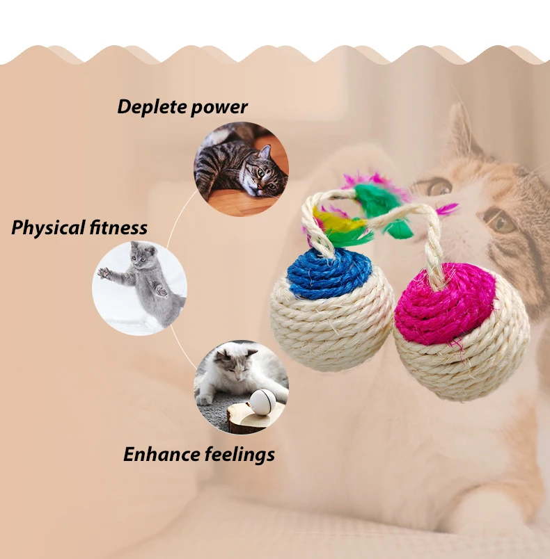 Description Picture 4 of item1 Pc Random Color Sisal Interactive Ball Cat Toy Pet Supplies Feather Cat Training Catcher Cat Accessories Random Color Toy Ball
