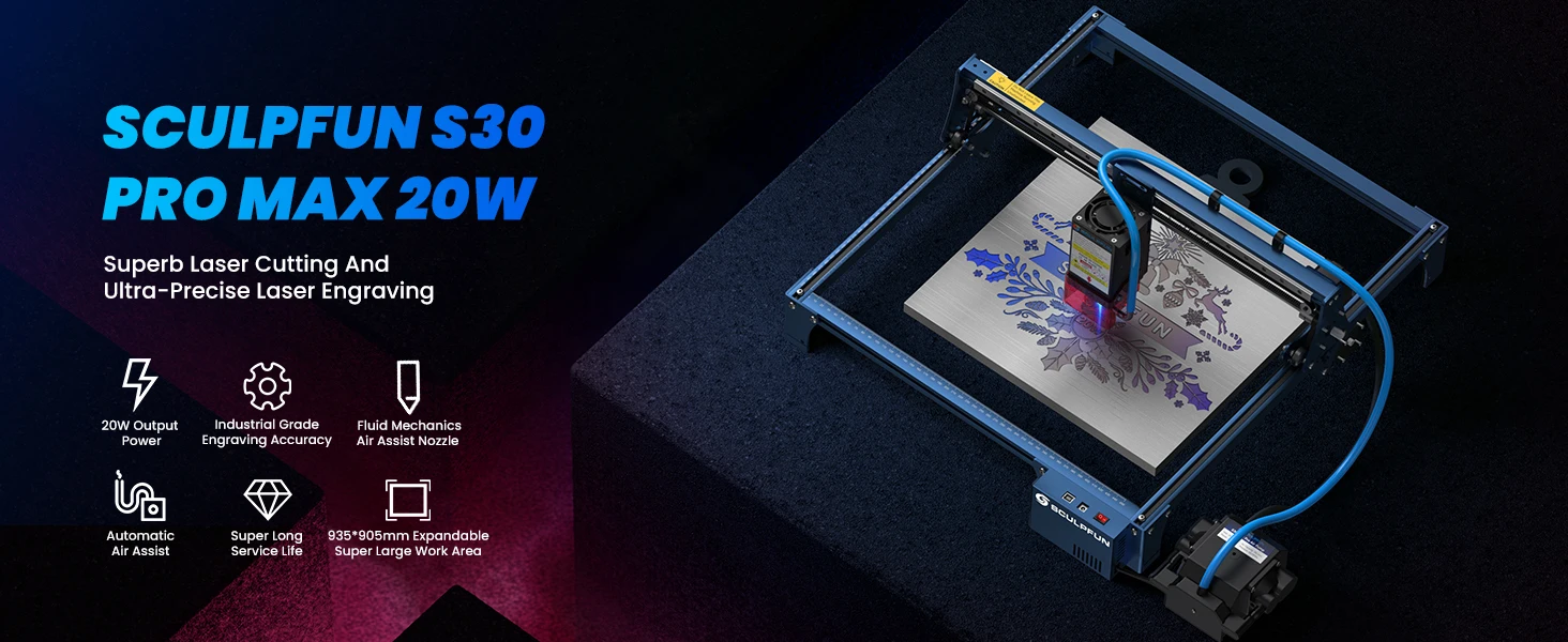 Description Picture 2 of itemSCULPFUN S30 Pro Max Set Laser Engraver with Automatic Air-assist System 20W Engraving Machine Replaceable Lens Eye Protection