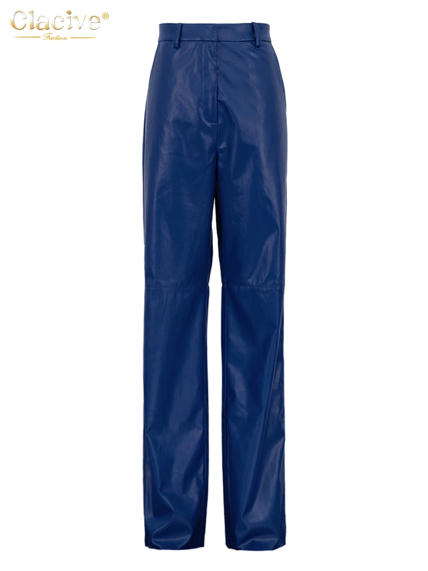 Description Picture 3 of itemClacive Fashion Blue Pu Leather Women'S Pants Elegant Slim High Waist Straight Trousers Streetwear Pantalones Female Clothing