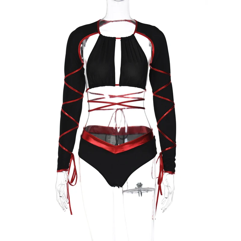 Description Picture 3 of itemSimenual Halloween Y2k Set Woman 2 Pieces Autumn Sexy Backless Long Sleeve Bandage Crop Tops Patchwork Slim Briefs Costume Suits