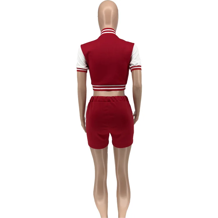 Description Picture 5 of itemTrendy Ladies Tracksuit Short Sleeve Jacket Letter Print Patchwork Spring Womens Summer Sports Baseball Shorts Two Piece Set