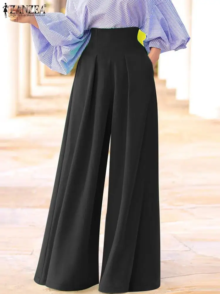 ZANZEA High Waist Fashion Trousers Loose Women Solid Color Pocket Wide Leg Pants Inverted Pleats Streetwear 2023 Summer Pantalon
