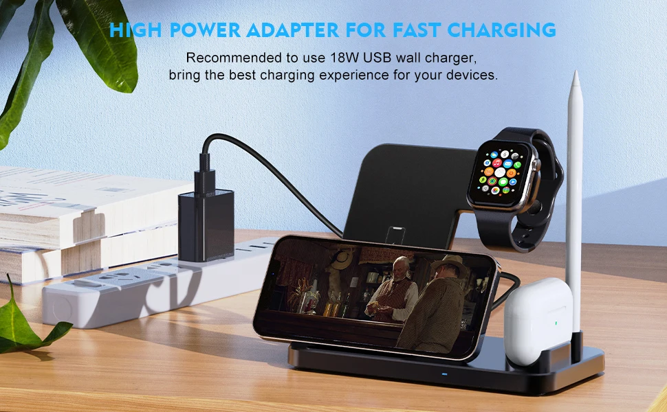 Description Picture 3 of item4 In 1 Wireless Charger Stand for IPhone 14 13 12 11 XS XR X Apple Watch 8 Fast Charging Dock Station For Airpods iWatch Pencil
