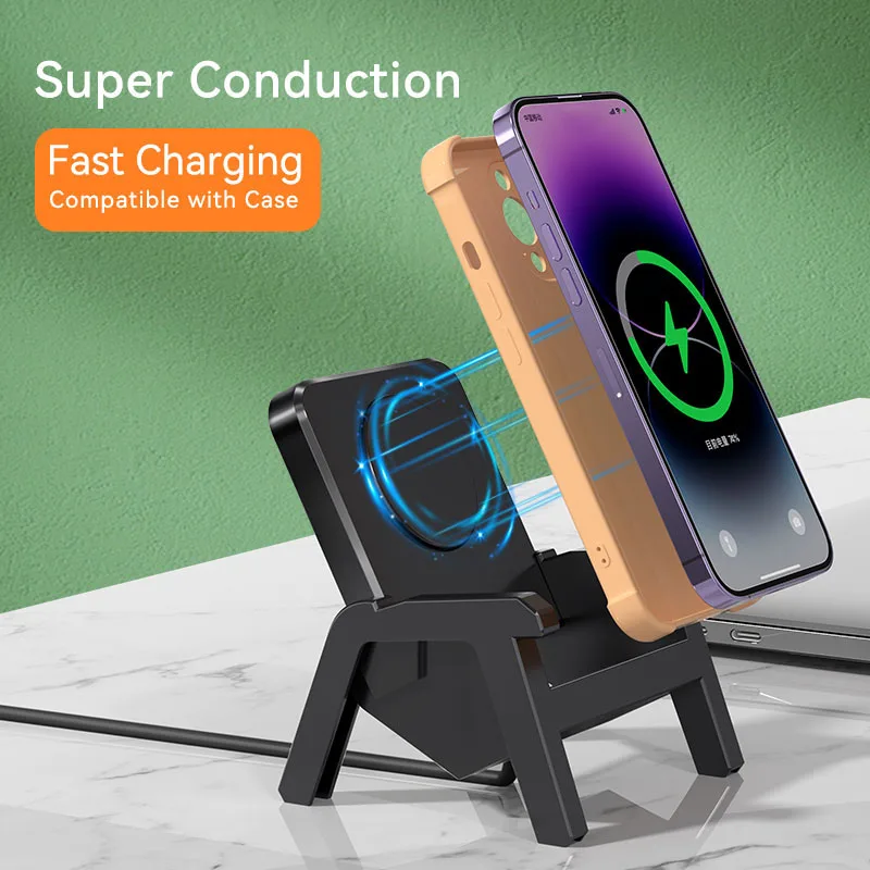 Chair Style Wireless Charger 15W Fast Wireless Charging Bracket Loudspeaker Phone Holder Detachable 3 Purpose Vertical Holder