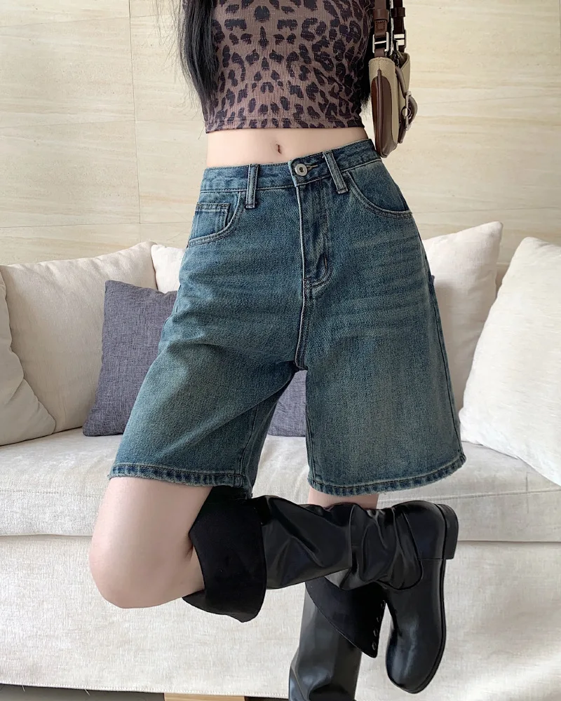 Description Picture 2 of itemRetro Jean Shorts Women Korean High Waist Wide Leg Denim Shorts Ripped Pocket Sky Blue Shorts Loose Knee-length Casual Bottoms