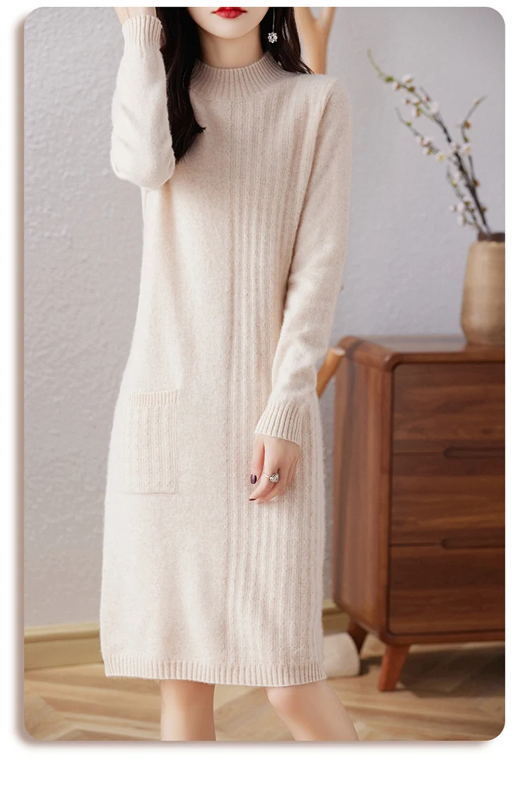 Description Picture 2 of itemRONGYI 100% Merino Wool Hot Sale Cashmere Knitted Dress for Women Winter Autumn Mock Turtleneck Female Dresses Long Style Jumper