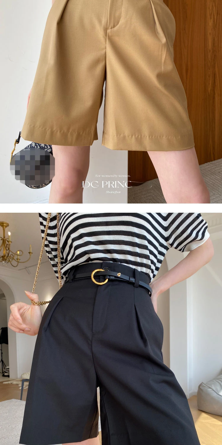 Description Picture 6 of itemSummer Bermuda Shorts for Women 2023 New Straight Knee Length Shorts with Belt High Waist Solid Color Khaki Black Women's Shorts