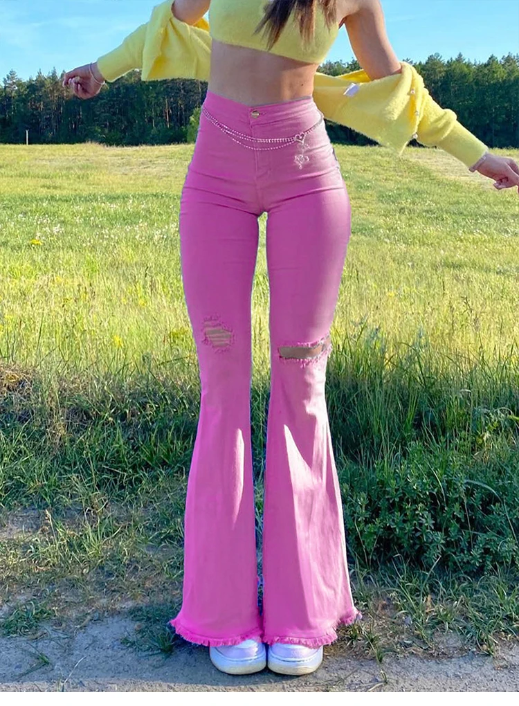 Description Picture 3 of itemWomen Flared Jeans Pants Girl High Waist Hole Trumpet Denim Trousers Slim Y2k Clothing Casual Wide Leg Long Pants Streetwear New