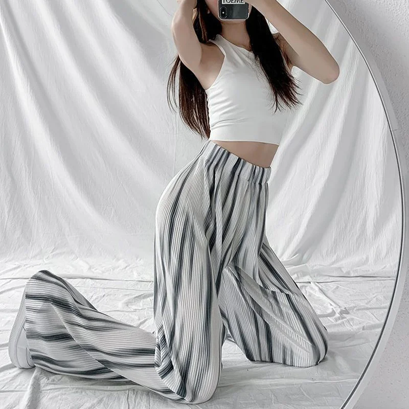 Korean Streetwear Harajuku Tie Dye Thin Ice Silk Straight Wide Leg Pants Women's Summer Casual Loose High Waist Pleated Trousers