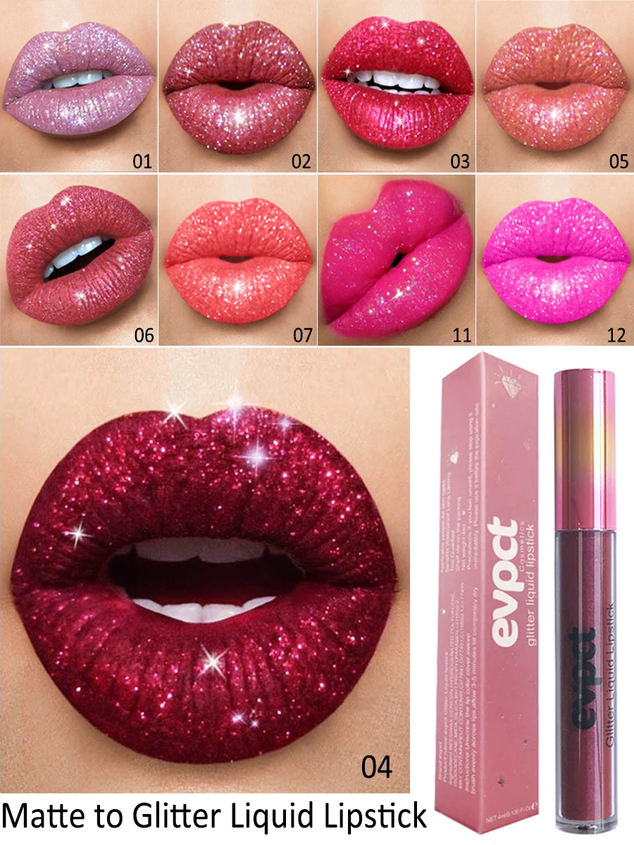 Description Picture 3 of itemDiamond Glitter Lip Gloss 15 Colors Matte-changing Waterproof Long Lastin Shimmer Shiny Illusion Natural Liquid Lipstick Makeup