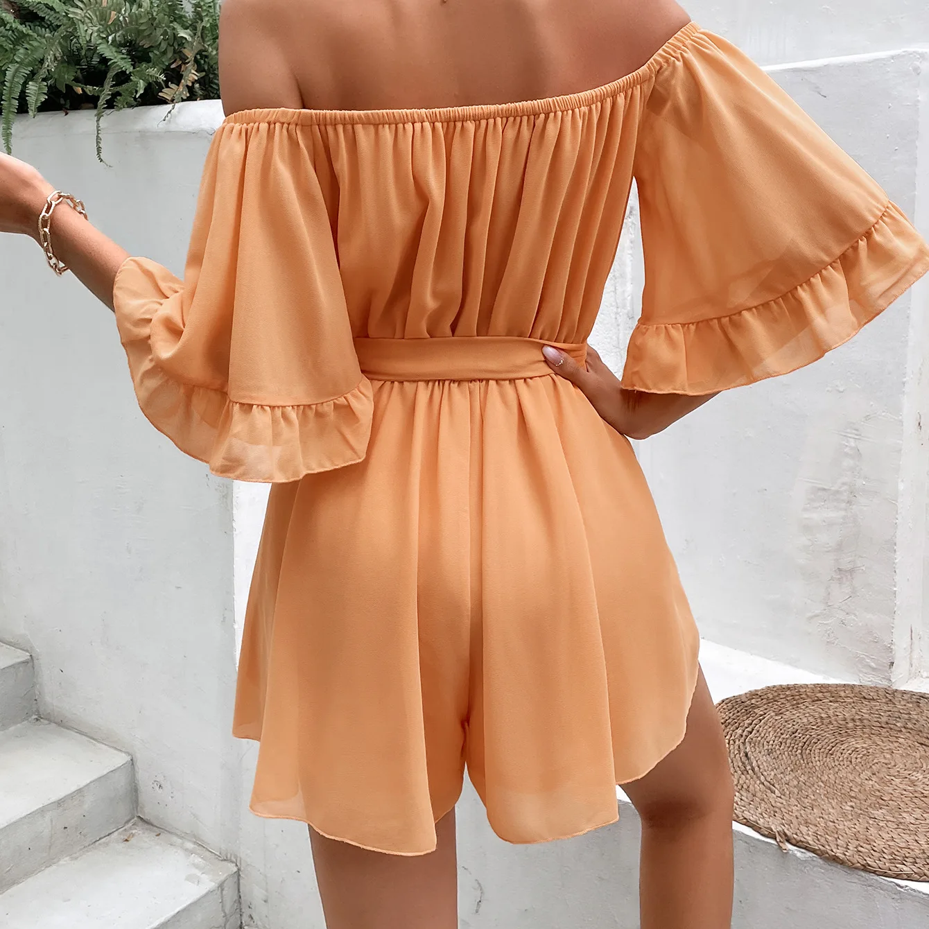 Description Picture 3 of itemSummer Women's Ruffled High Waist Off Shoulder Loose Solid Chiffon One Piece Shorts