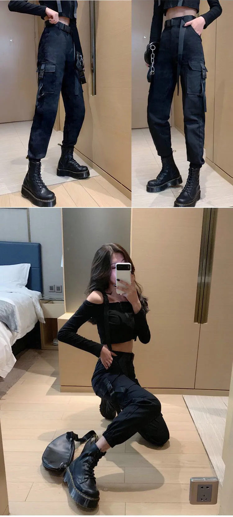Description Picture 6 of itemEACHIN Fashion Women Self Belted Elastic Waist Cargo Pants Female Loose Black Streetwear Pants Casual Korean Style Sweatpants