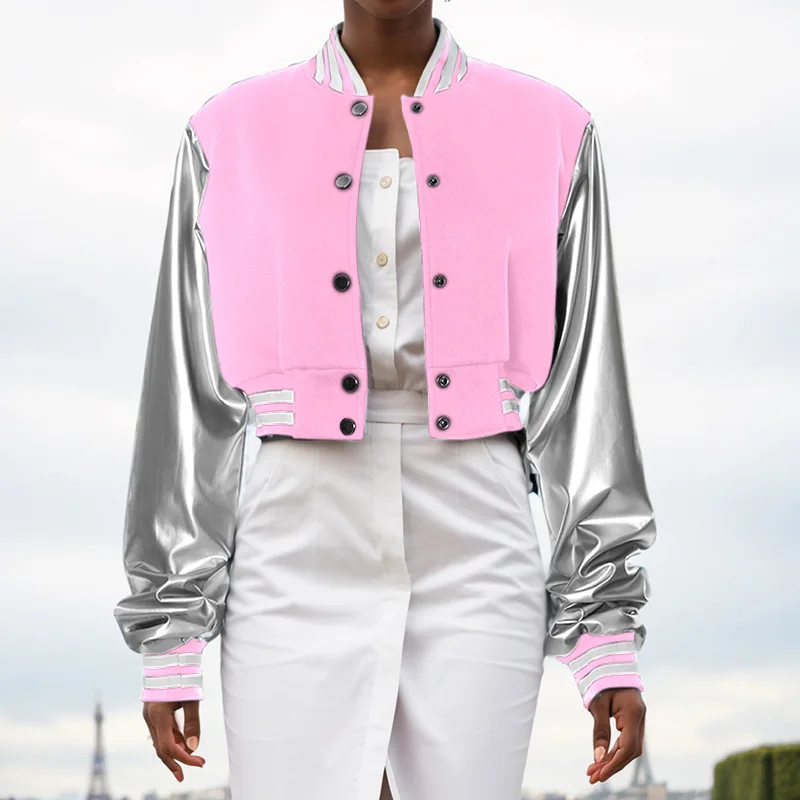 Description Picture 3 of itemAutumn Winter Letter Print Button Baseball Jackets for Women Patchwork PU Leather Crop Coat Long Sleeve Varsity Bomber Jacket