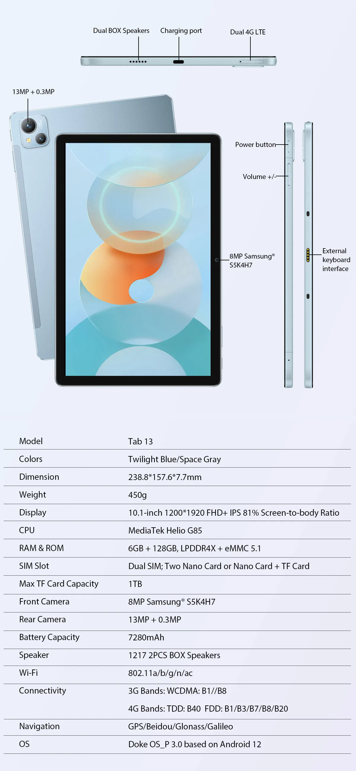 Description Picture 4 of itemBlackview Tab 13 Tablet 6GB+128GB Helio G85 Octa core Pad 7280mAh 10.1 Inch FHD+ Display 13MP Camera Android 12 Tablets PC