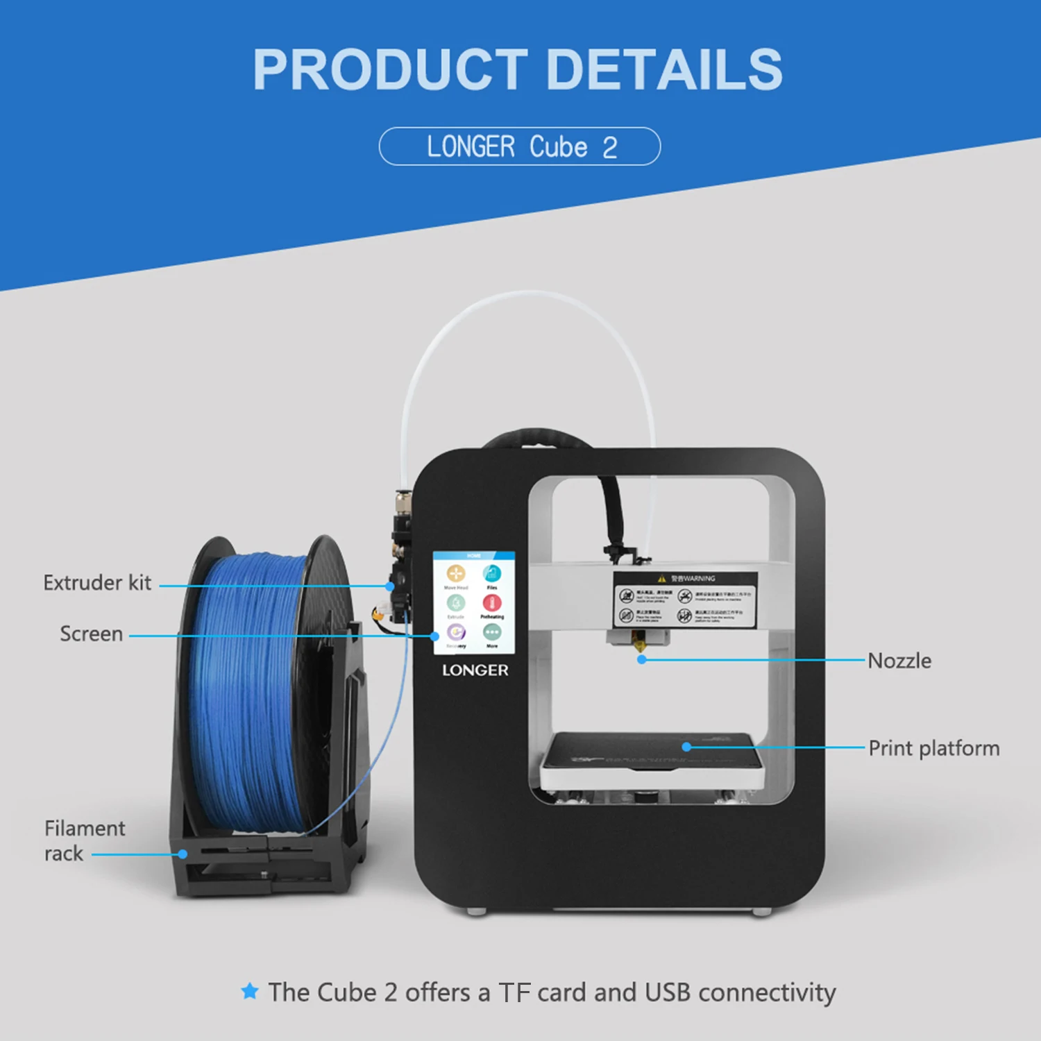 LONGER Cube 2 Mini Desktop 3D Printer Fully Assembled with 2.8 Inch LCD Touchscreen 120*140*105mm Detachable Nozzle Resume Print
