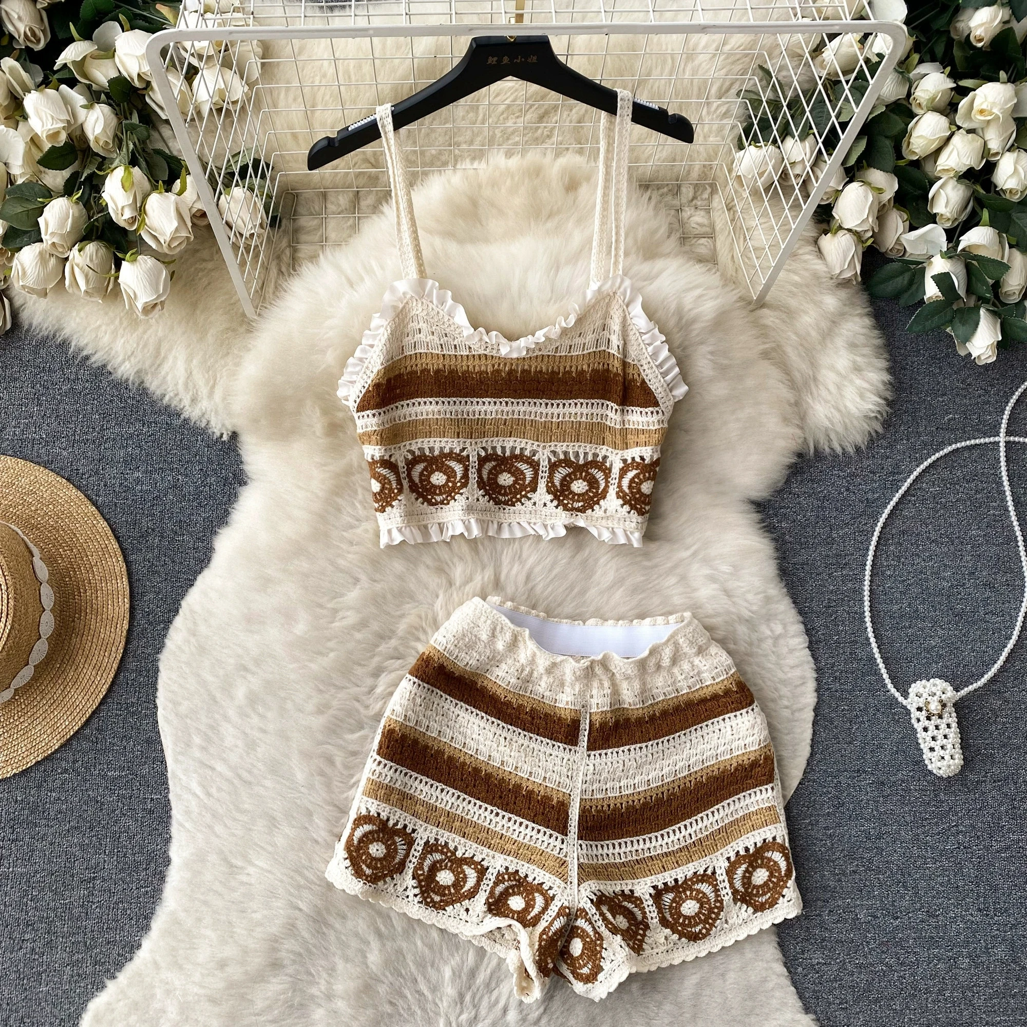 Description Picture 5 of itemSINGREINY Fashion Vacation Casual Two Pieces Women Short Camisole+ Hollow Out Wide Leg Shorts Sets Summer 2023 Knit Beach Suit