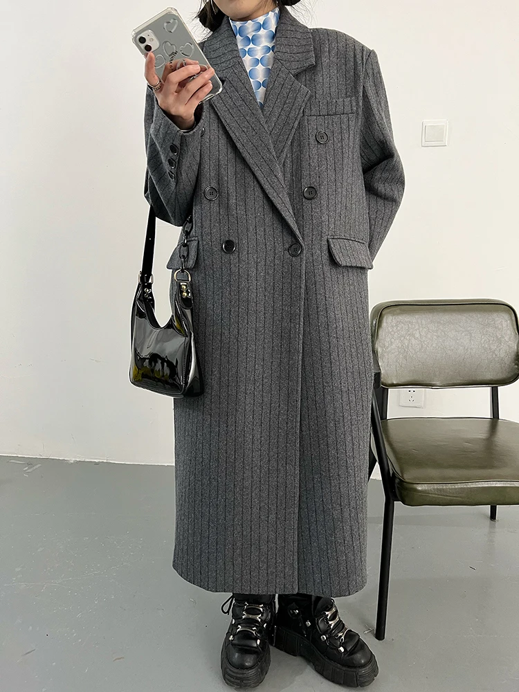 Description Picture 6 of itemBZVW Vintage England Style High-end Overcoat Women's 2023 Temperament Mid-length Striped Coat Female Autumn Winter New 25X2155
