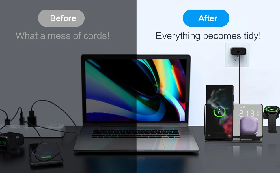 Description Picture 2 of item3 in 1 LED Alarm Clock Charging Dock Station for Samsung Galaxy S23 Ultra Fast Wireless Charger for Watch 6 / 5 Holder Buds2 Pro