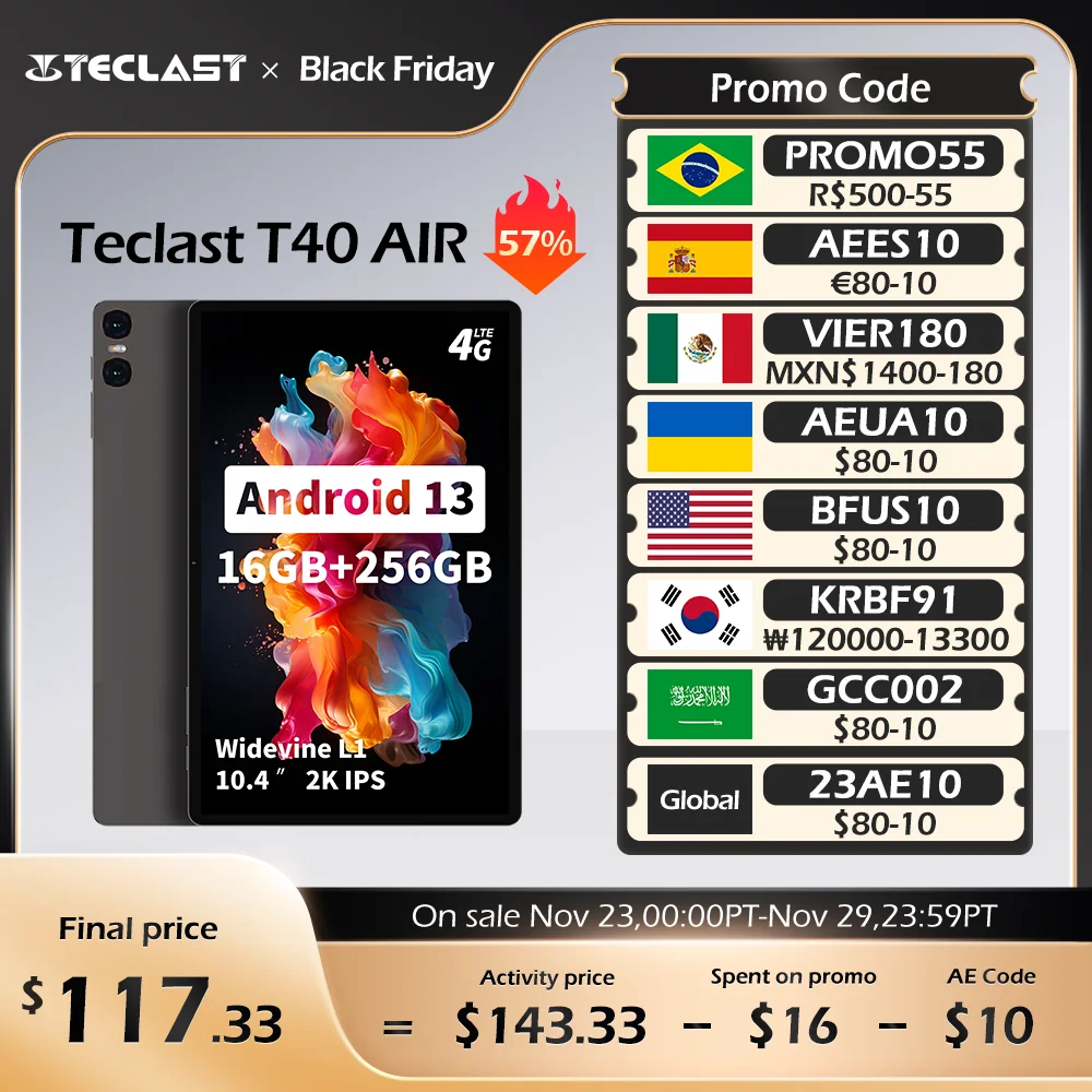 Teclast T40 Air 10.4'' Android 13 Tablets 8GB RAM 256GB ROM UNISOC T616 Octa Core Widevine L1 4G Network Dual SIM Wifi Tablet PC