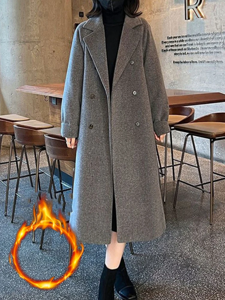 Description Picture 4 of itemYitimoky Thicken Warm Wool Coat Women 2023 New Vintage Double Breasted Long Jackets Casual Loose Turn Down Collar Winter Coat