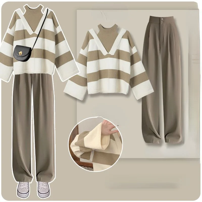 Women's Suits Khaki Fake Two-piece Loose Striped Sweater Wide Leg Trousers New Port Style Gentle Wear Two-piece Women's Clothing