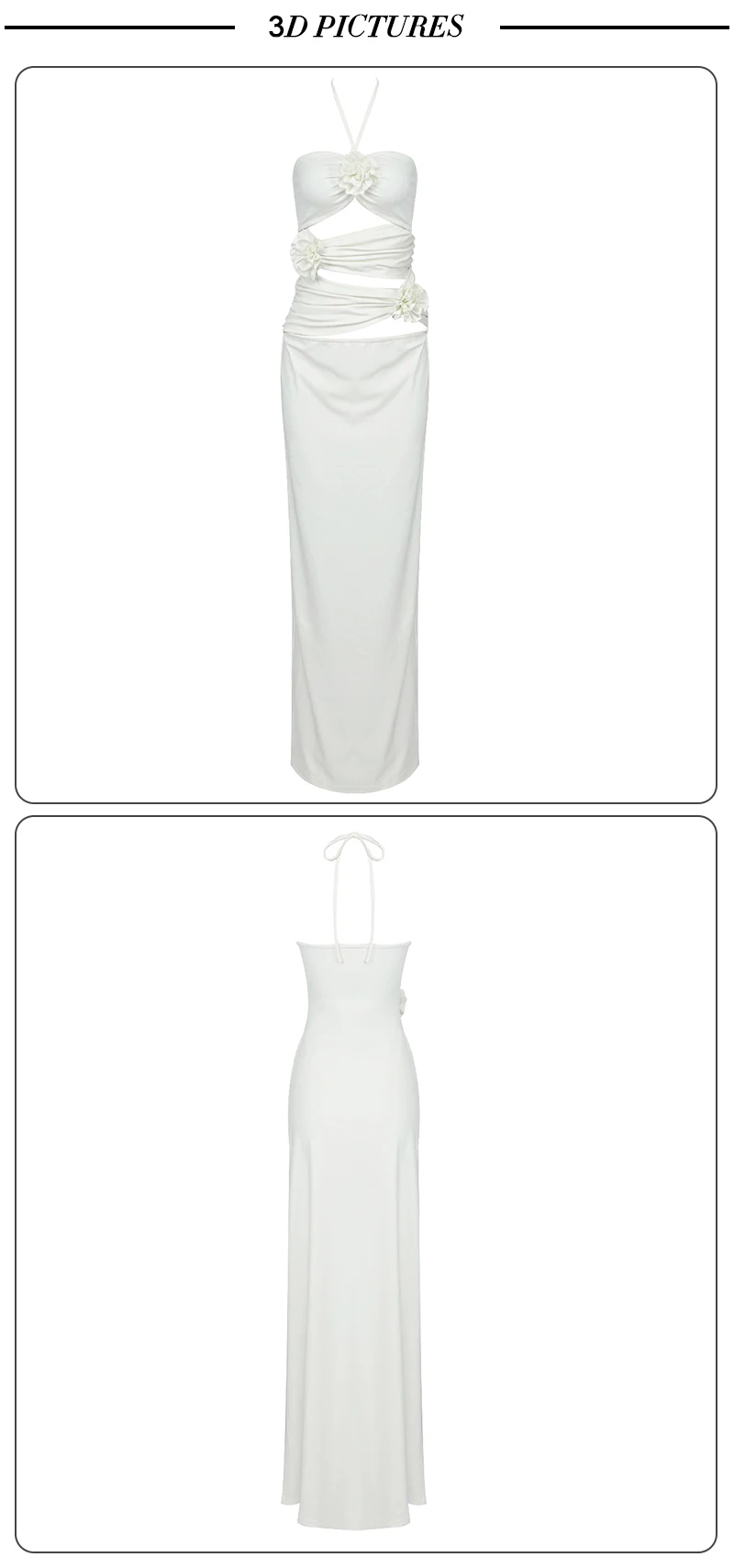 Description Picture 4 of itemVC White Dress Woman Sexy Stereo Flowers Design Halter Sleeveless Elegant Party Evening Long Dress Vestidos