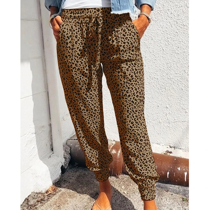 Description Picture 6 of itemWomen Leopard Printed Trousers Loose Lace-up Waist Long Pants with Pockets For Daily Summer Spring Fall Pencil Pant Streetwear