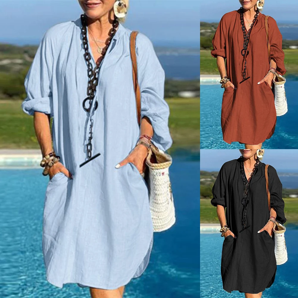 Description Picture 3 of itemFor Women Dress Casual Cotton Linen Female Long Sleeve Non Strech Pocket Vintage Solid Color V Neck Affordable