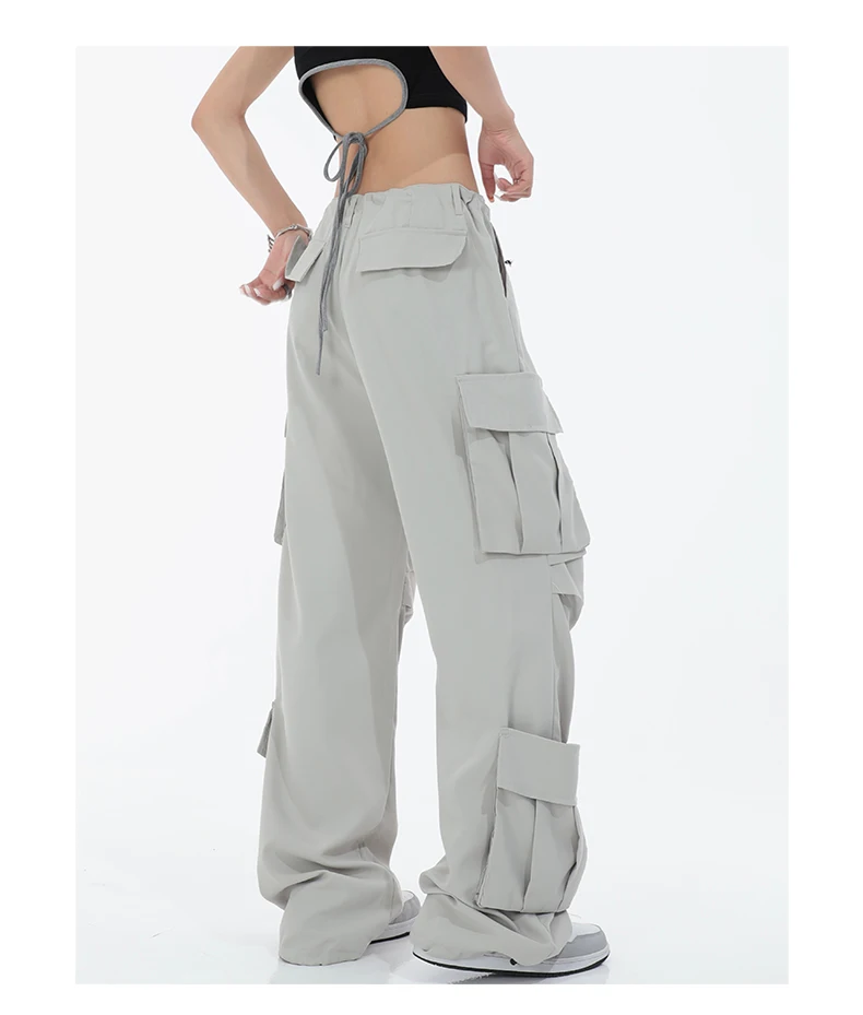 Description Picture 4 of itemQWEEK Cyber Y2K Gray Cargo Pants Women Oversized Hip Hop Streetwear Wide Leg Parachute Trousers Egirl Harajuku Pockets Pantalon