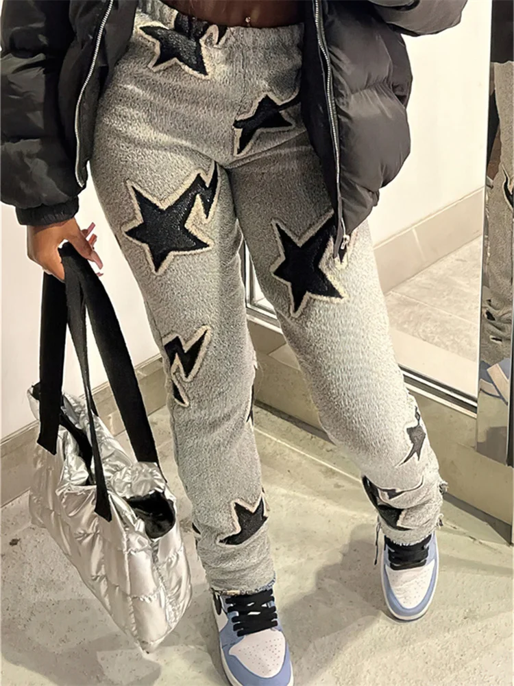 Description Picture 5 of itemWeird Puss Pentagram Print Women Pants Elastic High Waist Causal Autumn Trend Basic Bottoms Autumn WildY2K Streetwear Trousers
