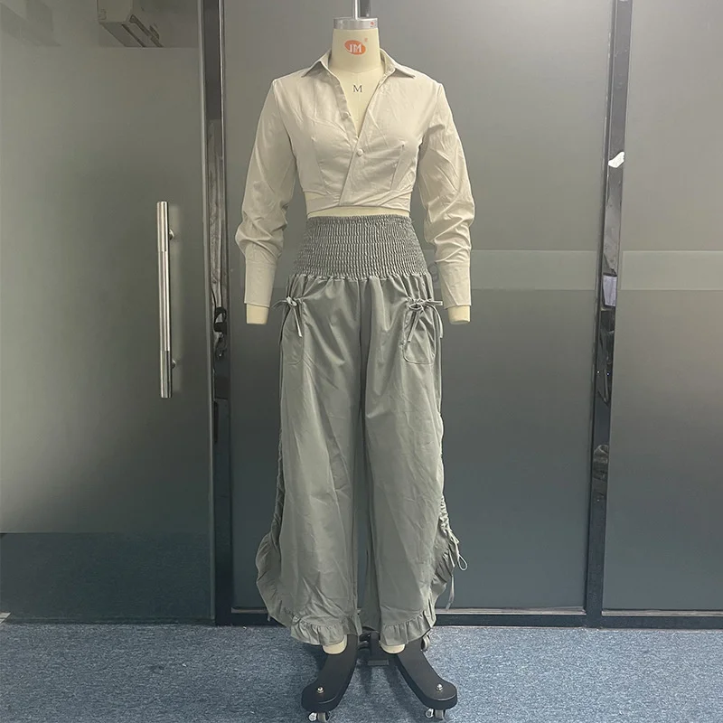 Description Picture 2 of itemSummer Dress Women Pants Shorts Jacket Ruffled Wide-leg Trousers Suit Two-piece Shirt Female 2023 Casual Fashion Suit Buttons