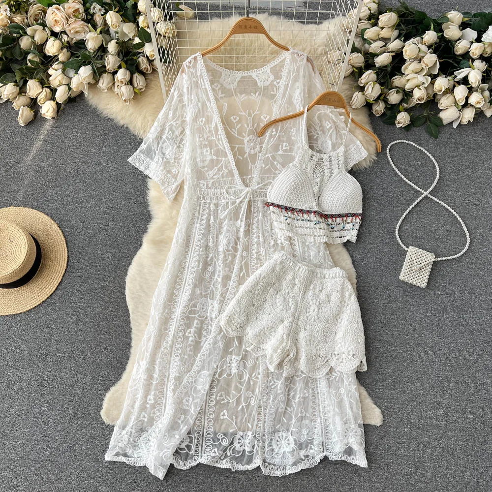Description Picture 3 of itemSINGREINY Knit Casual Matching Sets Summer Women Mesh Cardigan Halter Backless Camisole Mini Shorts Vacation Beach Style Suits