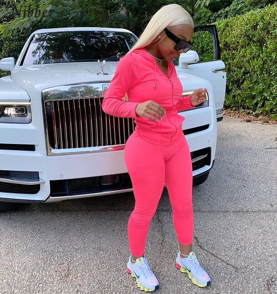 Description Picture 4 of itemNibber Sporty Casual Long Sleeve Hooded Zipper Solid two pieces set women Autumn Workout Skinny Top And Pants Matching Set mujer