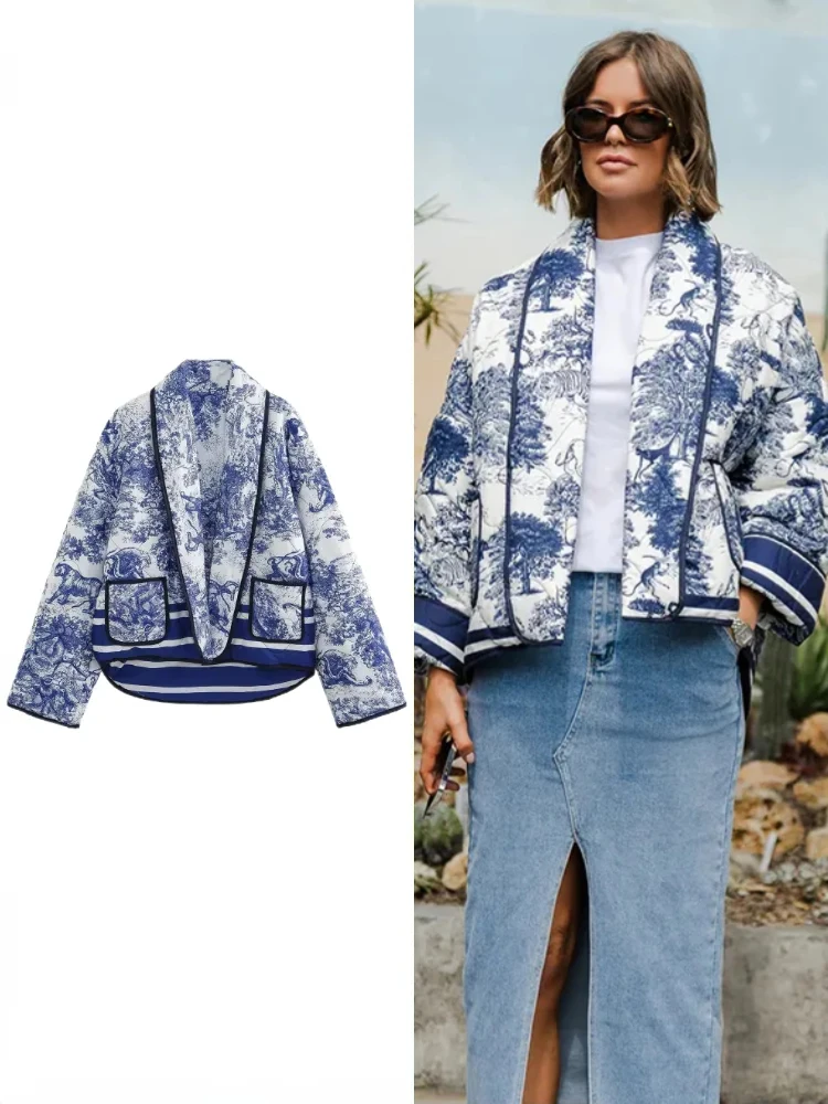 Women's Fall Winter Colourful Printed Quilted Padded Jacket Coat Lapel Loose Long Sleeve Cardigan Jackets Female Warm Outerwear