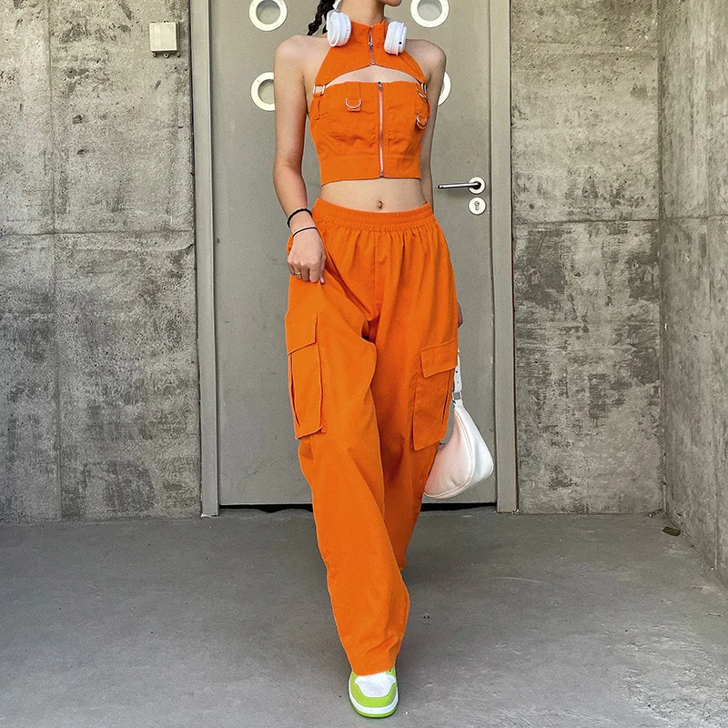 Puloru Orange Baggy Cargo Pants Women Casual High Elasitc Waist Straight-Leg Trousers with Side Pockets Streetwear Sweatpants
