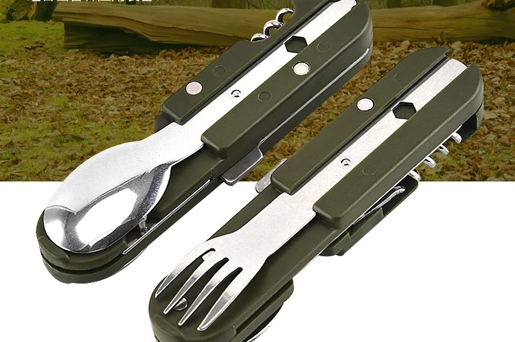 Description Picture 2 of itemCamping Picnic Portable Stainless Steel Army Green Folding Cutlery Knife Fork Spoon Bottle Opener Flatware Tableware Travel Kit