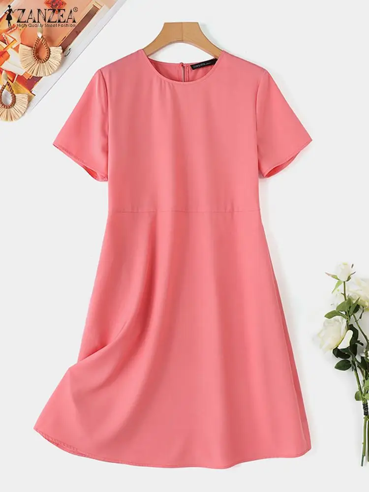ZANZEA Fashion OL Work Vestidos Oversized Woman Vintage Solid Dress Short Sleeve O-Neck Sundress Casual Party A Line Dresses
