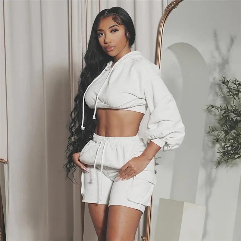 Description Picture 6 of itemCasual Solid Color Hooded Sweatshirt High Waist Hot Shorts Tracksuit Women Fitness Running Solid Pullover Hoodies Top Crop Pant