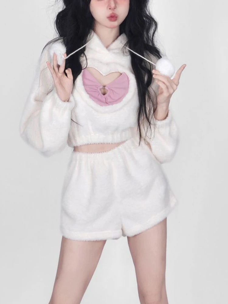 Description Picture 3 of item2023 Autumn White Kawaii Clothing Women Outwear Fashion 2 Piece Pants Set Y2K Hooded Blouse + Japanese Style Cute Short Pants