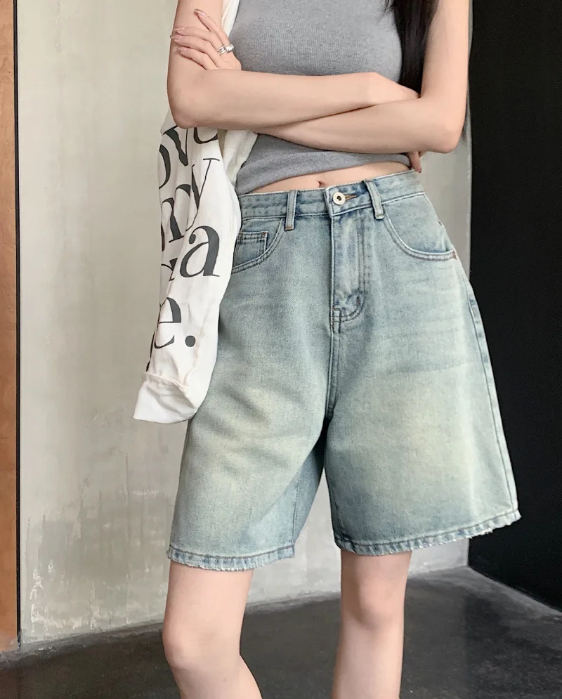 Description Picture 3 of itemRetro Jean Shorts Women Korean High Waist Wide Leg Denim Shorts Ripped Pocket Sky Blue Shorts Loose Knee-length Casual Bottoms