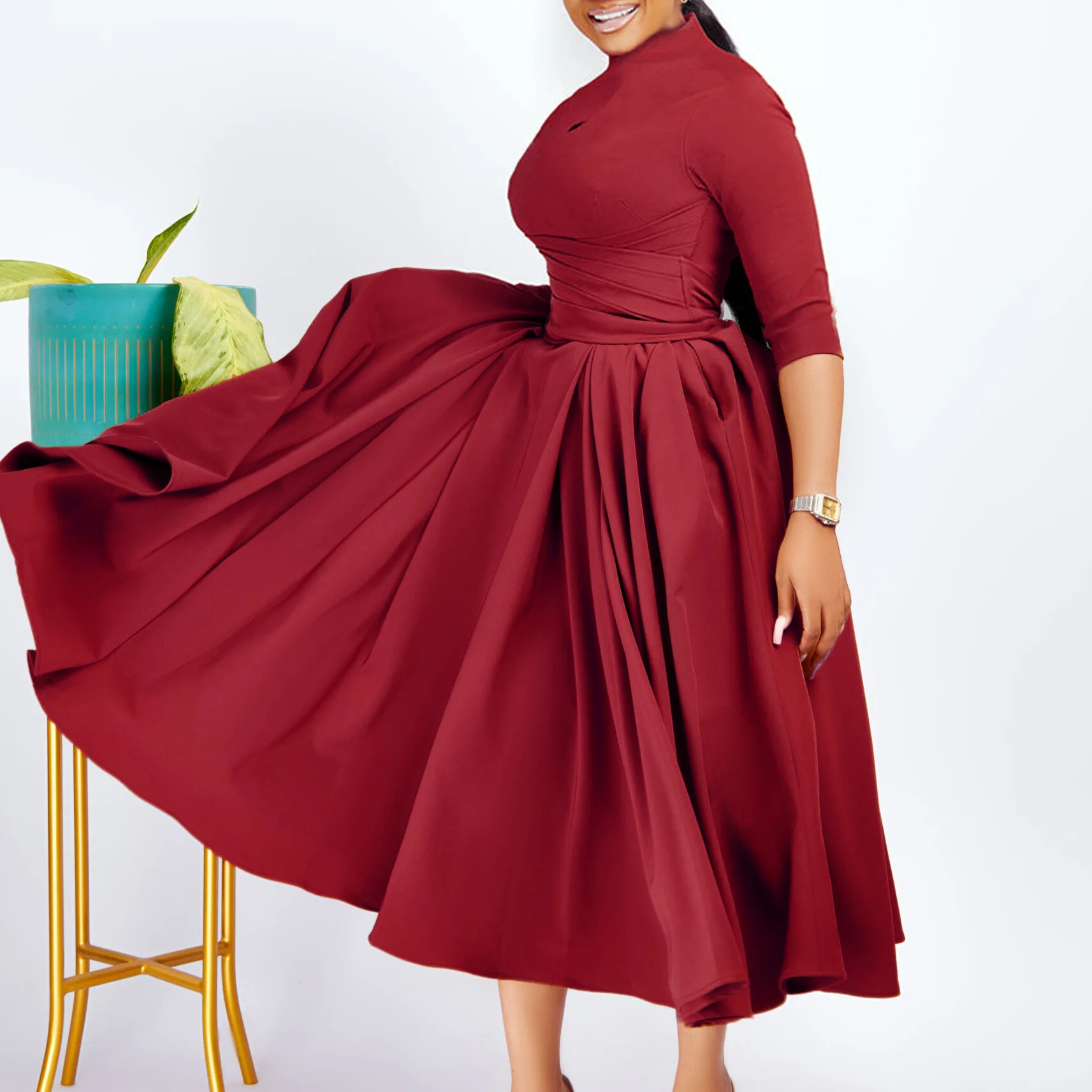 Description Picture 6 of itemHigh-street Women's Autumn New Products Sell Well Long-sleeved High-necked Fashion Temperament Waist Big Swing Light Cooked Dres