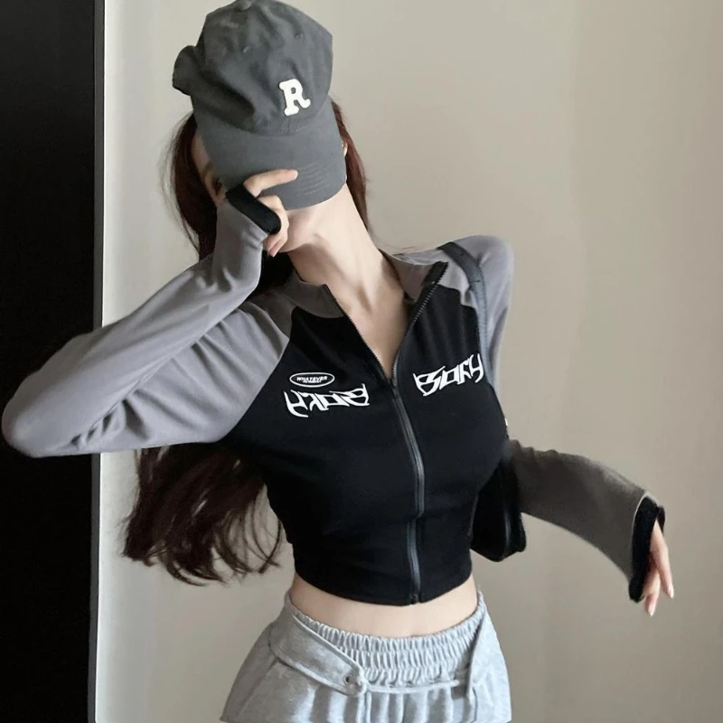 Description Picture 3 of itemY2K Long Sleeve Jackets Women Vintage Slim Streetwear Spliced Zipper Short Coats Korean Sport Cropped Coat Sunscreen Clothing