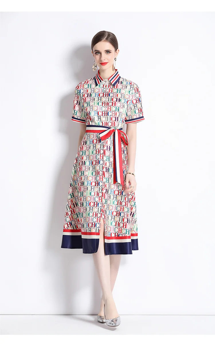 Description Picture 6 of itemSummer Fashion Letter Print Runway Dress Women's Short Sleeve Lapel Stripe Belt Lace Up Office Lady Casual Midi Vestidos N6016