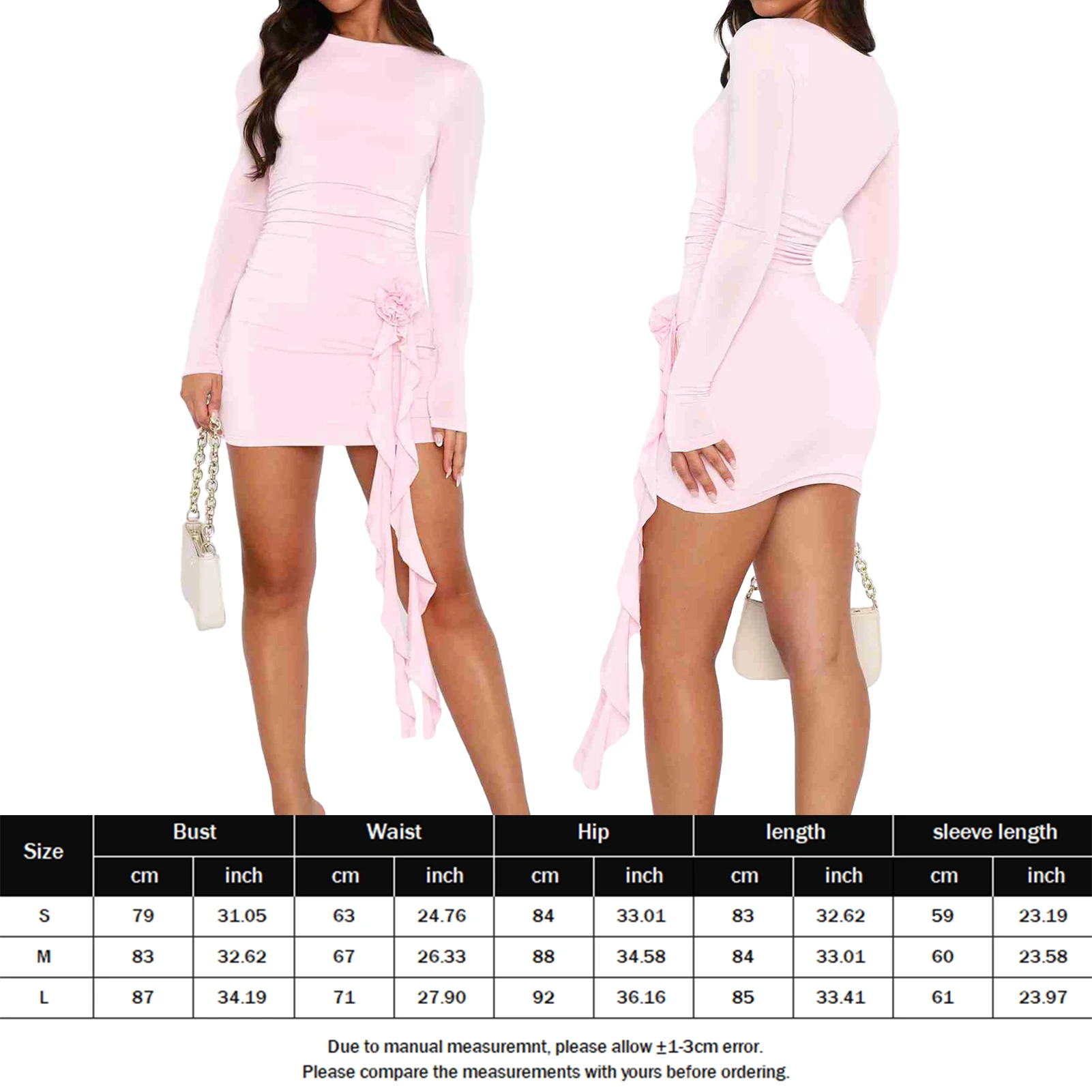 3D Flower Ruffle Edge Dress Crew Neck Women Long Sleeve Dress Slim Fit Bodycon Dress Spicy Girl Solid Color Vacation Outfit