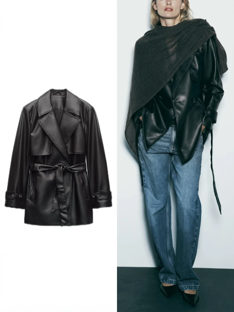 Women's Autumn Winter New Faux Leather Short Jacket Lapel Collar Long Sleeves Pockets Self-belt Double Breasted PU Trench Coat