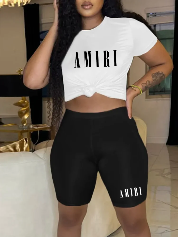 Printed casual two-piece set, round neck short sleeved T-shirt and slim fitting bicycle shorts set, women's clothing