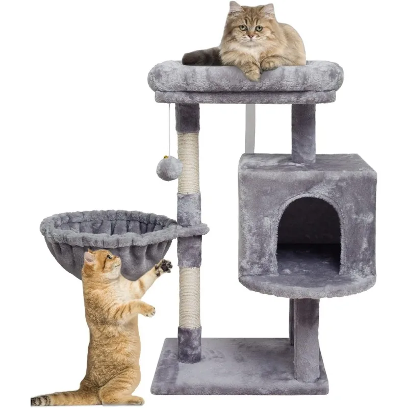 Small Cat Tree for Indoor Cats, Activity Cat Tower, Condo with Scratching Post for Kittens, Climbing Stand with Basket Cat Condo