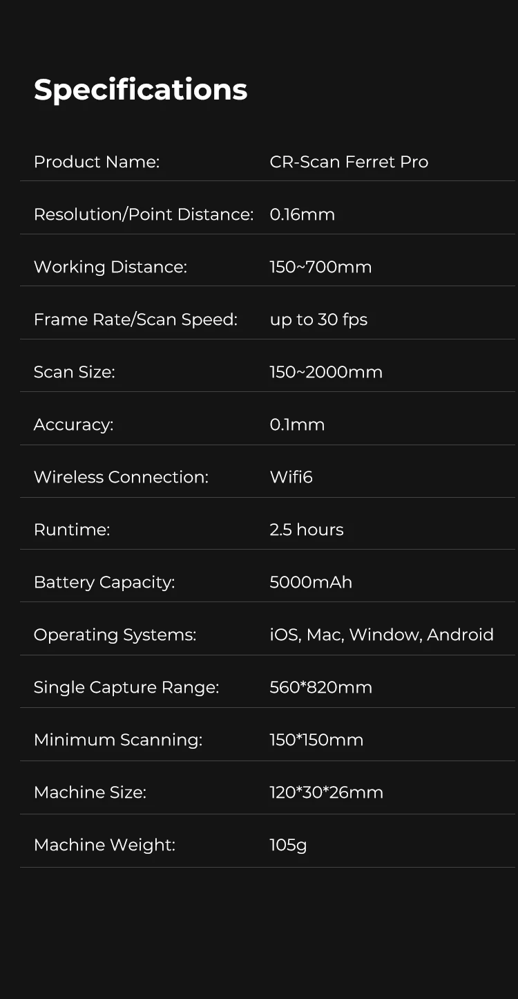 Description Picture 5 of itemCreality CR-Scan Ferret Pro Portable Handheld 3D Scanner Anti-shake Tracking WiFi6 Wireless Scanning 0.1mm Accuracy 24-bit