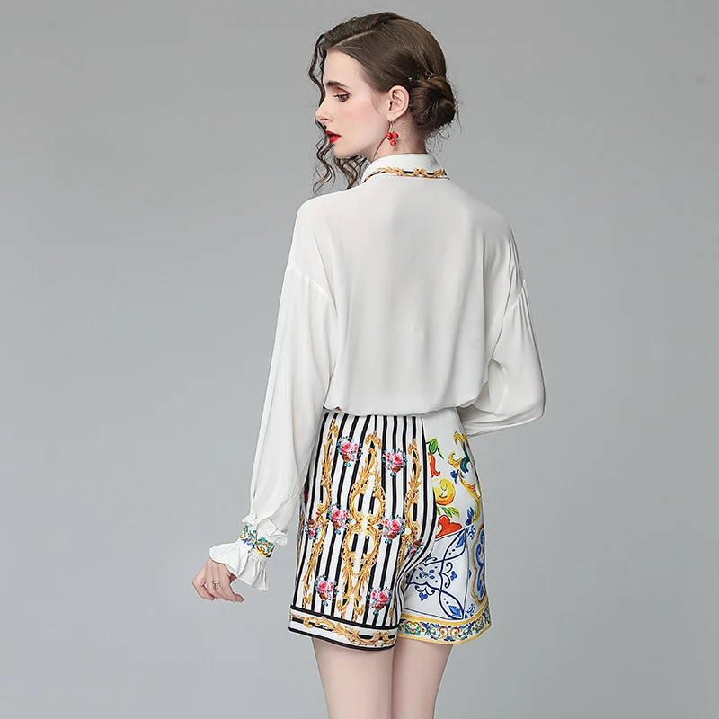 Banulin Summer Runway Flower Print Two-piece Set Women Flare Sleeve Ruffles Shirt Top and Stripe Pocket Shorts Suits Set N56608