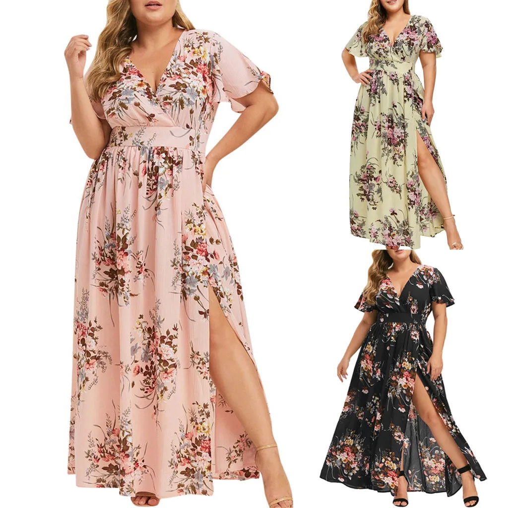 Description Picture 2 of item2023 Arrival Women Summer Dresses Flutter Short Sleeves V Neck Long Dresses Bohemian Floral Print Resort Style Side Slit Dress